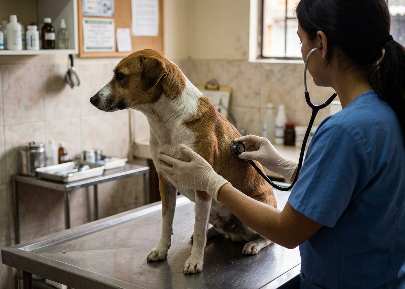 Veterinaria revisando a un perro en el consultorio de Veterinaria Ejemplo
