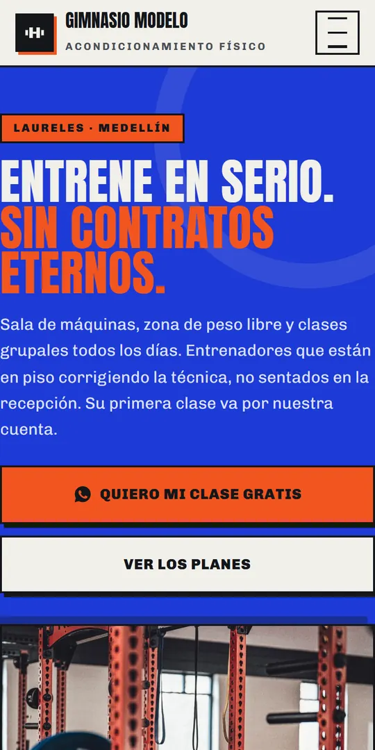 Muestra de ejemplo de la página de una gimnasio, vista en un celular.