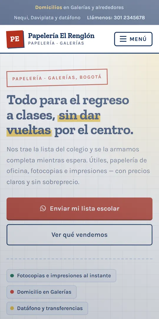 Muestra de ejemplo de la página de una papelería, vista en un celular.