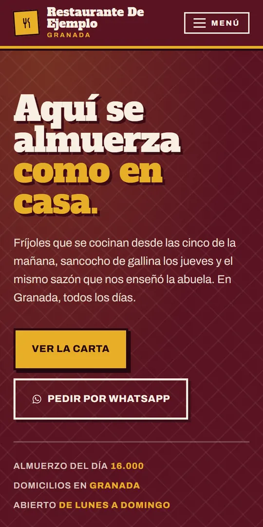 Muestra de ejemplo de la página de una restaurante, vista en un celular.