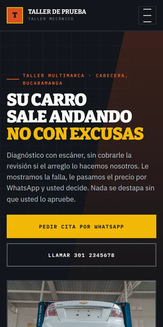 Muestra de ejemplo de la página de una taller, vista en un celular.